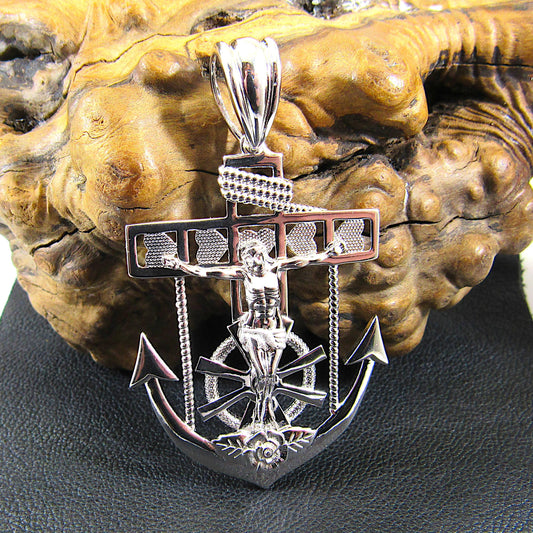 Solid 925 Sterling Silver Hip Hop Crucifix Anchor Pendant – Large Jesus Nautical Necklace Pendant, Christian Maritime Jewelry for Men