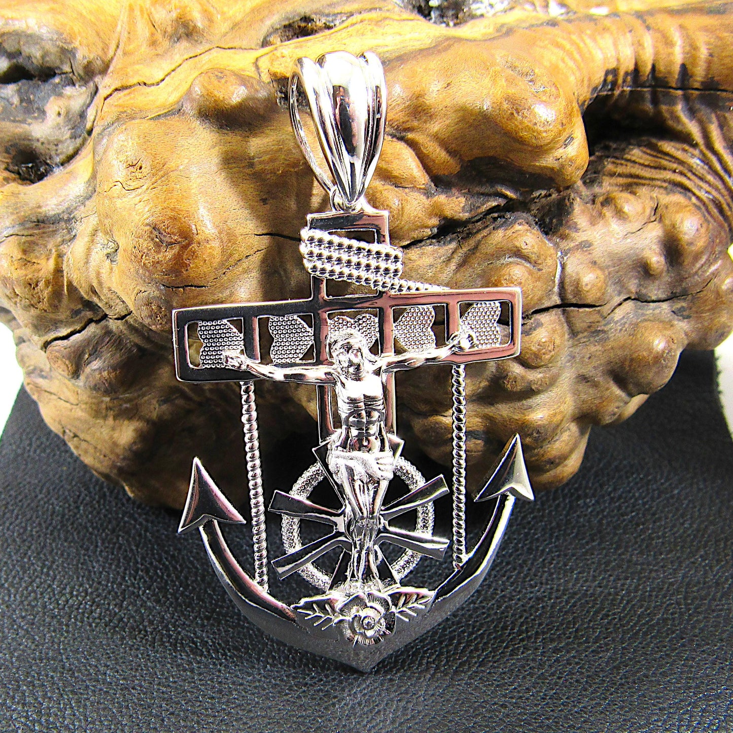 Solid 925 Sterling Silver Hip Hop Crucifix Anchor Pendant – Large Jesus Nautical Necklace Pendant, Christian Maritime Jewelry for Men