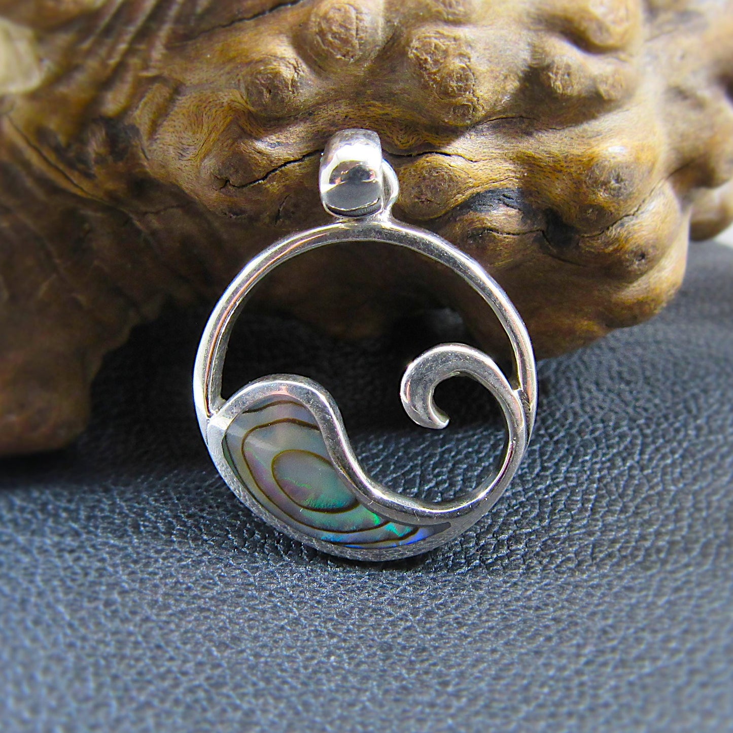 Solid 925 Sterling Silver Wave Pendant with Abalone Shell – Handcrafted Ocean Jewelry, Surfer Necklace Charm – Minimalist Nautical Charm