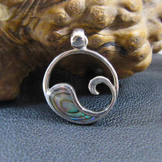 Solid 925 Sterling Silver Wave Pendant with Abalone Shell – Handcrafted Ocean Jewelry, Surfer Necklace Charm – Minimalist Nautical Charm