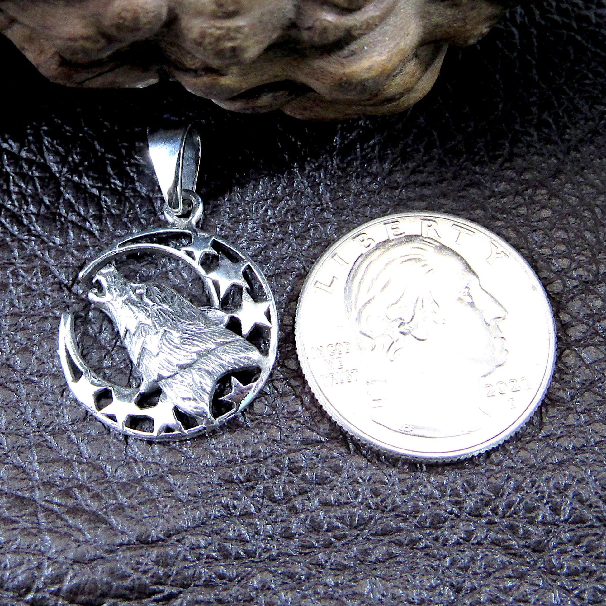 Solid 925 Sterling Silver Wolf Moon Pendant – Howling Wolf Necklace Charm, Spirit Animal Jewelry, Moon and Stars Amulet, Celestial Talisman