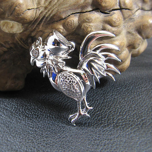 Men's Solid 925 Sterling Silver Rooster Pendant, Rhodium Plated Hip Hop Pendant with Clear CZ Accents, Edgy Iced Out Urban Jewelry for Him