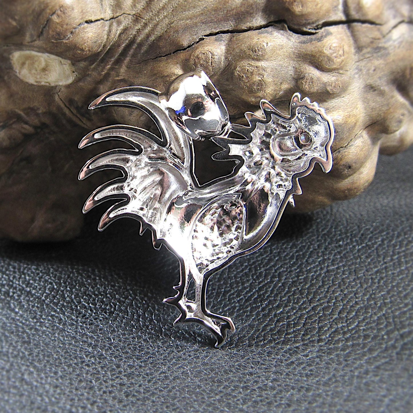Men's Solid 925 Sterling Silver Rooster Pendant, Rhodium Plated Hip Hop Pendant with Clear CZ Accents, Edgy Iced Out Urban Jewelry for Him