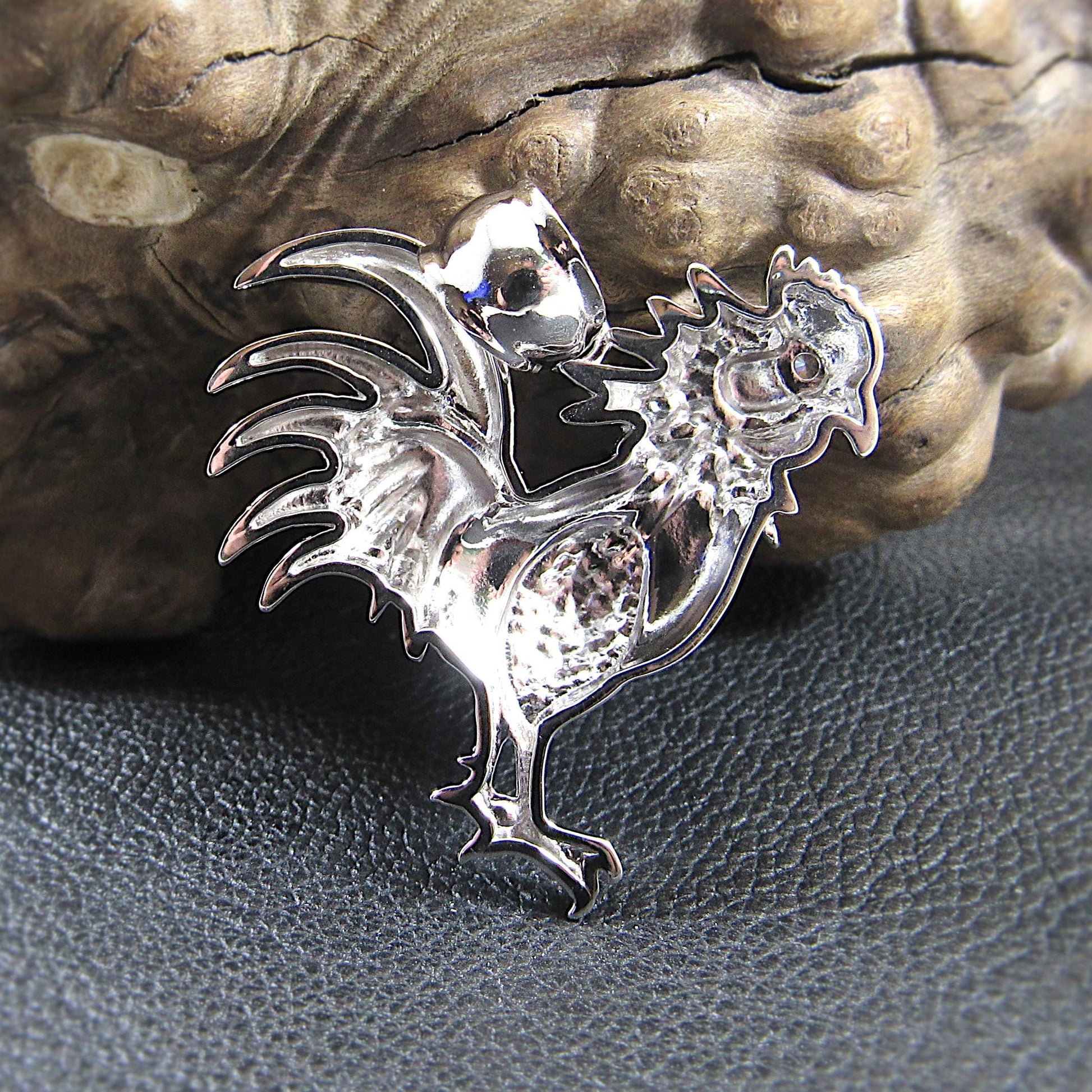 Men's Solid 925 Sterling Silver Rooster Pendant, Rhodium Plated Hip Hop Pendant with Clear CZ Accents, Edgy Iced Out Urban Jewelry for Him