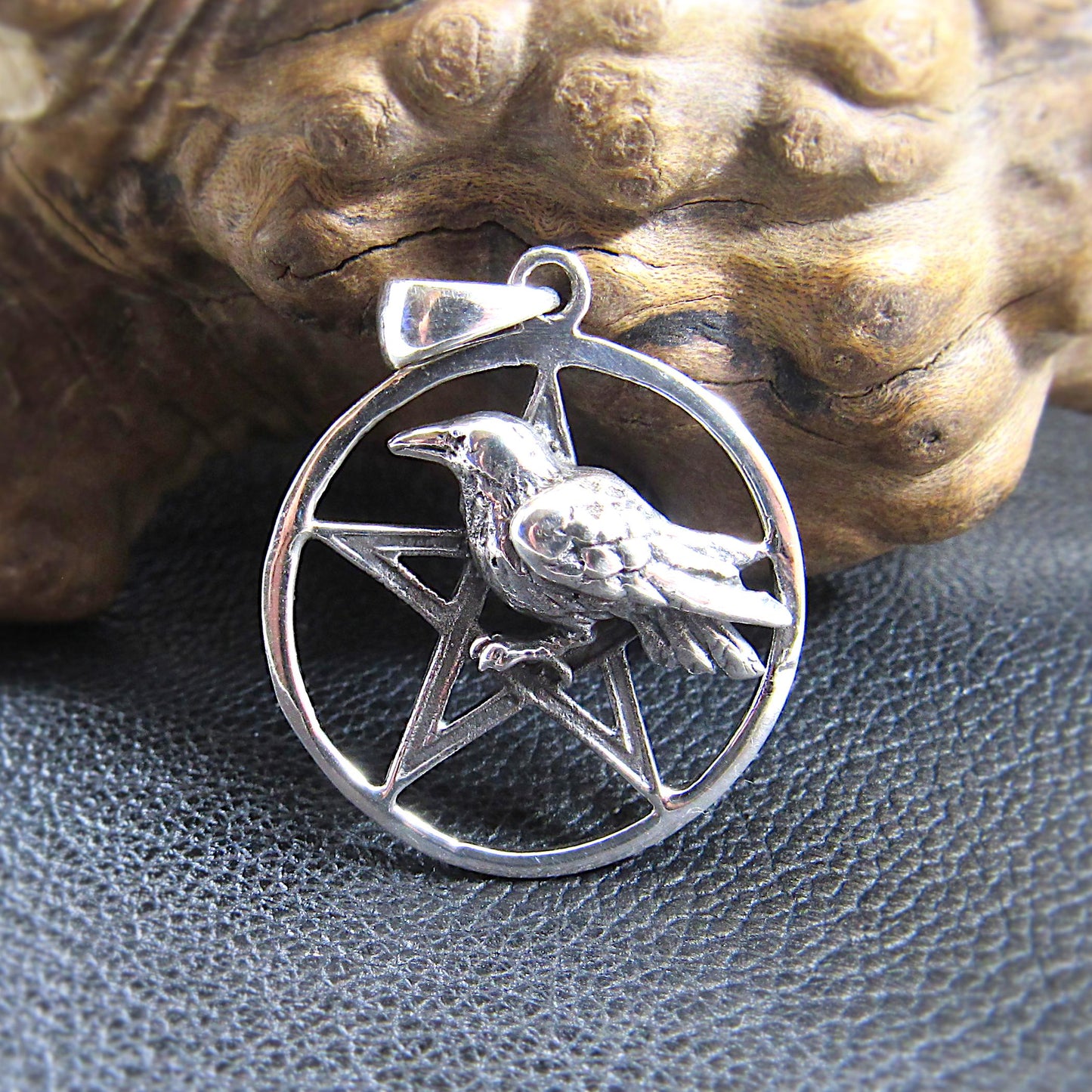 Solid 925 Sterling Silver Raven Pentagram Pendant - Gothic Crow Charm, Wiccan Protection Amulet, Pagan Witchcraft Jewelry, Occult Talisman