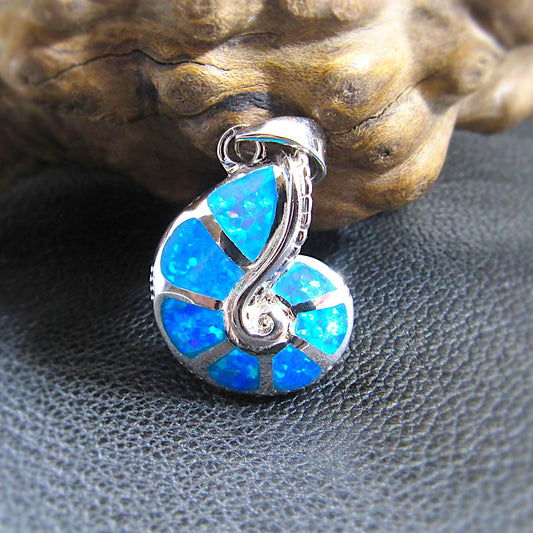 Solid 925 Sterling Silver and Blue Opal Shell Pendant, Nautilus Seashell Jewelry, Ammonite Fossil Charm, Sea Sand Ocean and Marine Interest