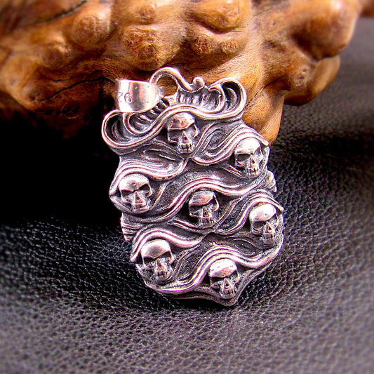 Solid 925 Sterling Silver Skull Pendant - Gothic Victorian Jewelry, Seven Skulls Amulet, Dark Fantasy Necklace, Handcrafted Statement Piece