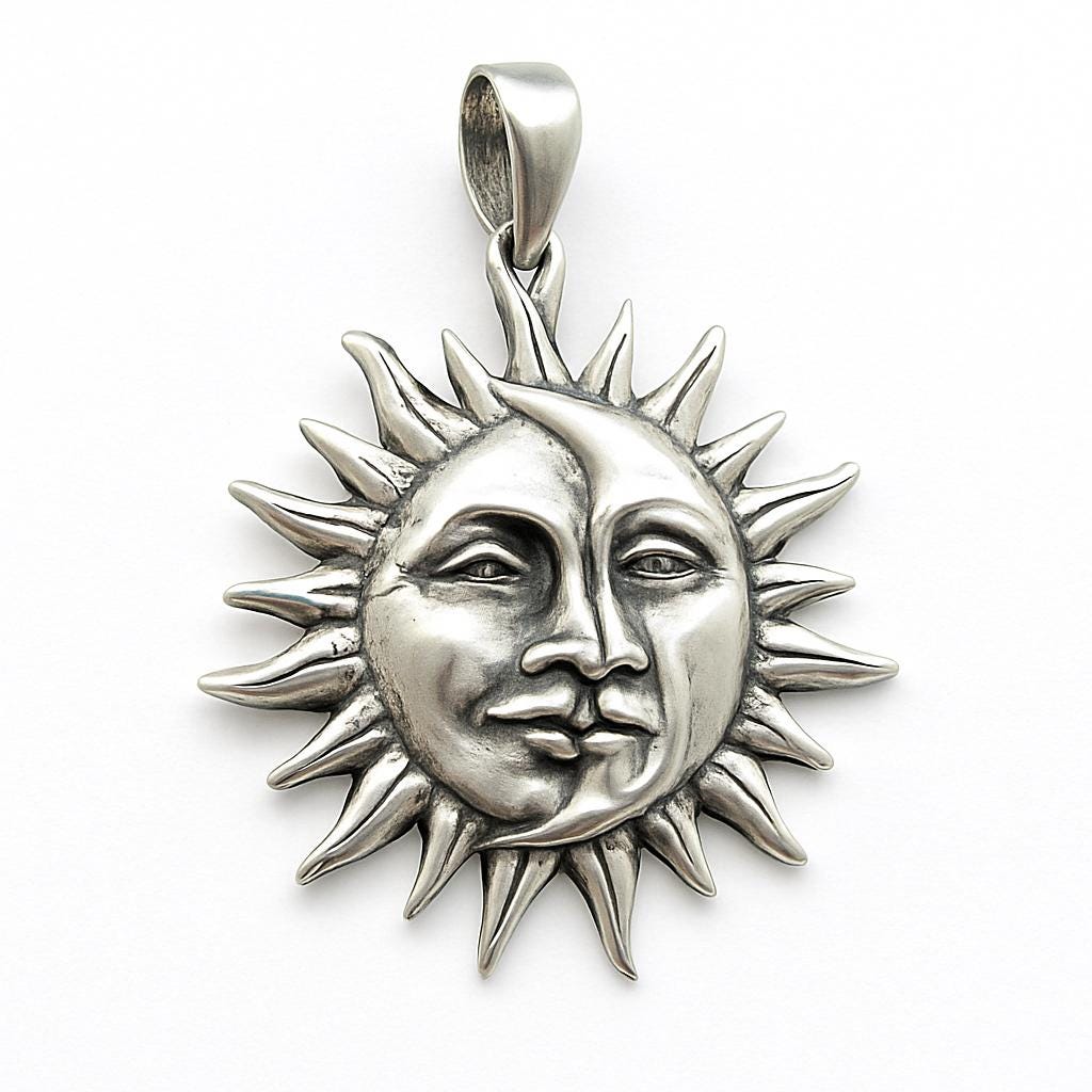 Solid 925 Sterling Silver Sun & Moon Faces Pendant – Celestial Necklace Amulet, Handcrafted Boho Sun Face Jewelry, Astrology Gift Idea