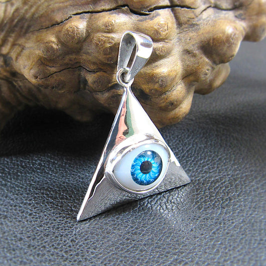 Solid 925 Sterling Silver Eye Pendant, All-Seeing Eye Jewelry, Glass Eyeball Pendant, Illuminati Triangle Necklace, Occult Protection Amulet