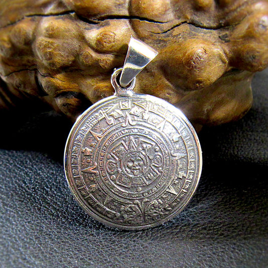 Solid Sterling Silver Aztec Calendar Pendant – Mayan Necklace Amulet, Ancient Mexico Jewelry, Sun Stone Medal, Mens Silver Zodiac Wheel