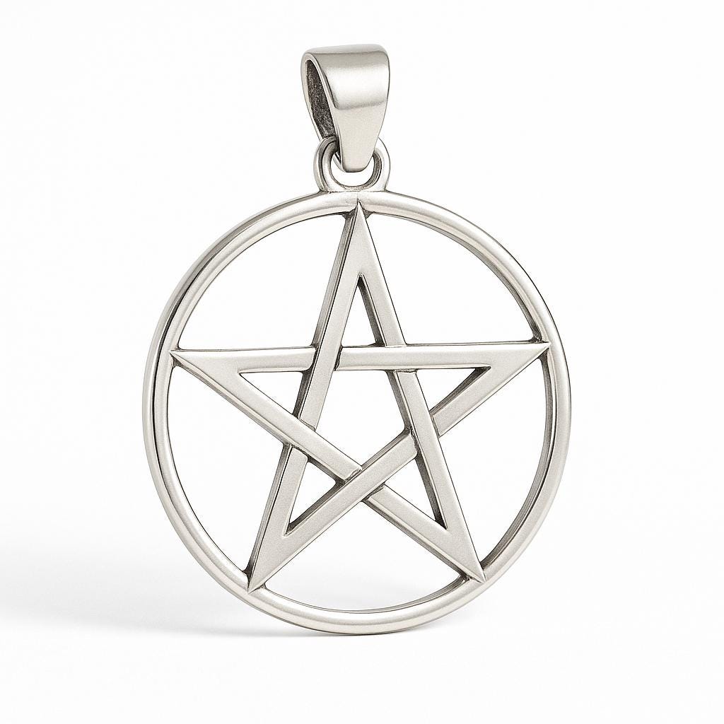 Large Solid 925 Sterling Silver Round Pentacle Pendant, Pagan Pentagram, Wiccan Talisman, Witchy Necklace Pendant, Occult Jewelry Gift