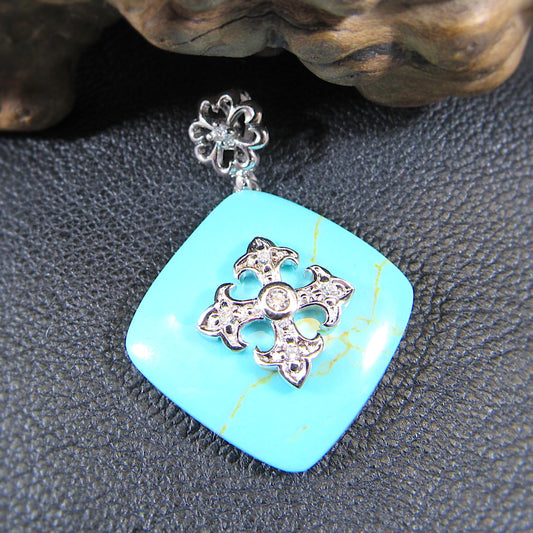 Solid 925 Sterling Silver & Simulated Turquoise Pendant – Boho Statement Amulet, Vintage-Inspired Western Jewelry, Gothic Cross Design