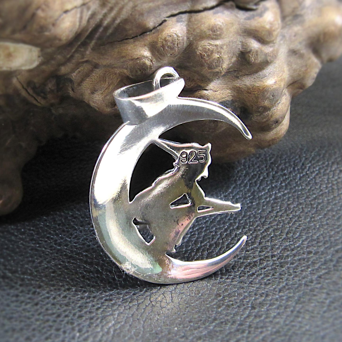 Solid 925 Sterling Silver Witch Flying on Crescent Moon Pendant – Handcrafted Wiccan Jewelry – Witchy Gift Idea – Pagan Crescent Moon Charm