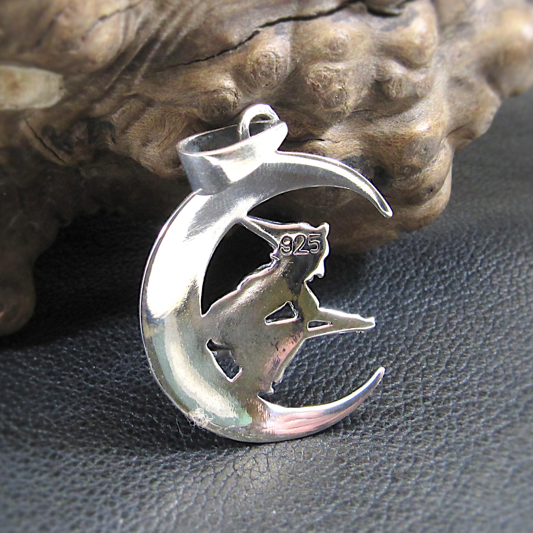 Solid 925 Sterling Silver Witch Flying on Crescent Moon Pendant – Handcrafted Wiccan Jewelry – Witchy Gift Idea – Pagan Crescent Moon Charm