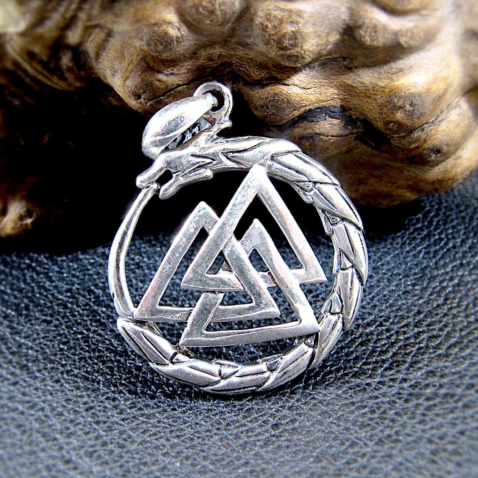 Solid 925 Sterling Silver Valknut Pendant with Jörmungandr Serpent – Norse Pagan Necklace Amulet – Viking Odin Symbol – Nordic Jewelry