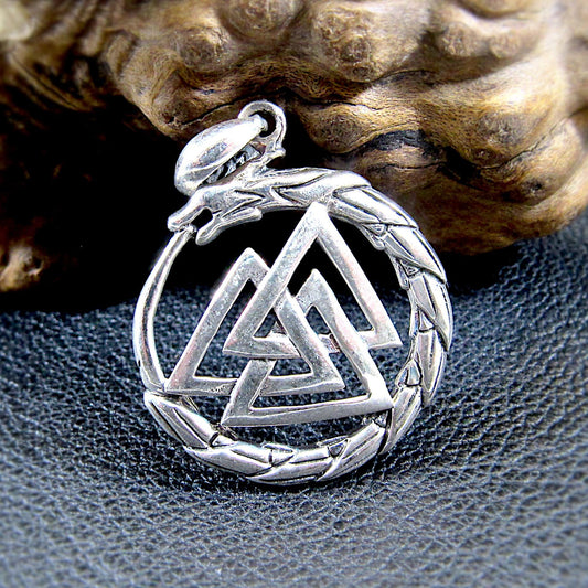 Solid 925 Sterling Silver Valknut Pendant with Jörmungandr Serpent – Norse Pagan Necklace Amulet – Viking Odin Symbol – Nordic Jewelry