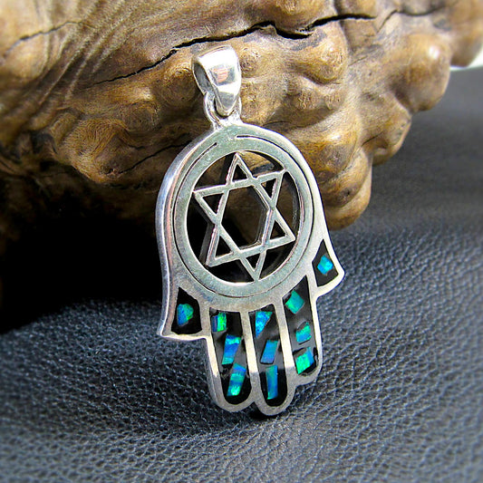 Solid 925 Sterling Silver Hamsa Hand & Star of David Pendant – Jewish Protection Symbol - Lab Opal Inlay - Judaica Gift for Men and Women