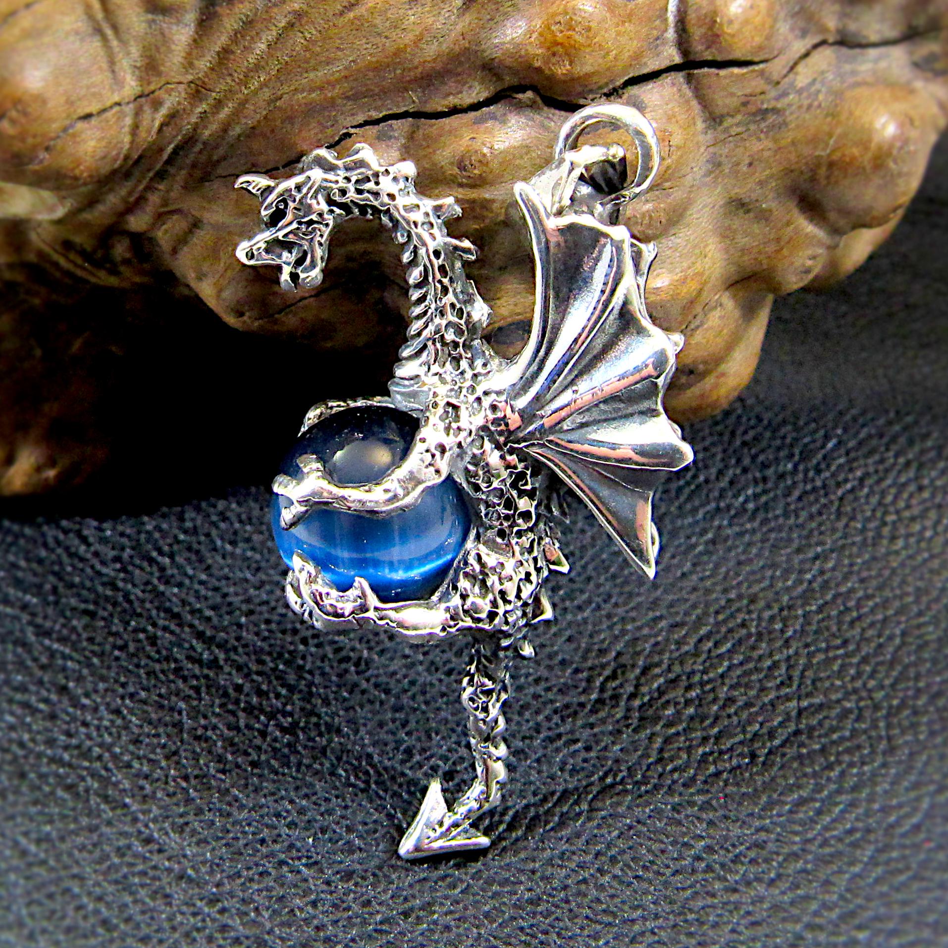 Solid 925 Sterling Silver Large 3D Dragon Pendant, Bright Blue Cat's Eye Quartz Gemstone Sphere, Handcrafted Fantasy and Fairytale Jewelry