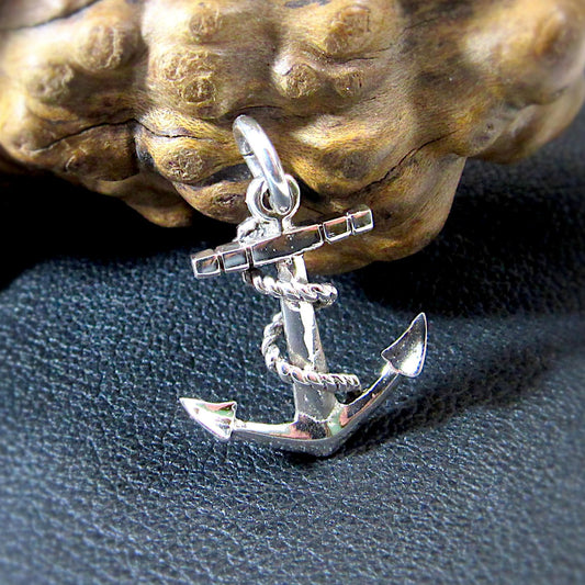 Solid 925 Sterling Silver Anchor Pendant with Rope Detail - Nautical Symbol Jewelry - Men's or Women's Silver Charm - Ocean Inspired Gift
