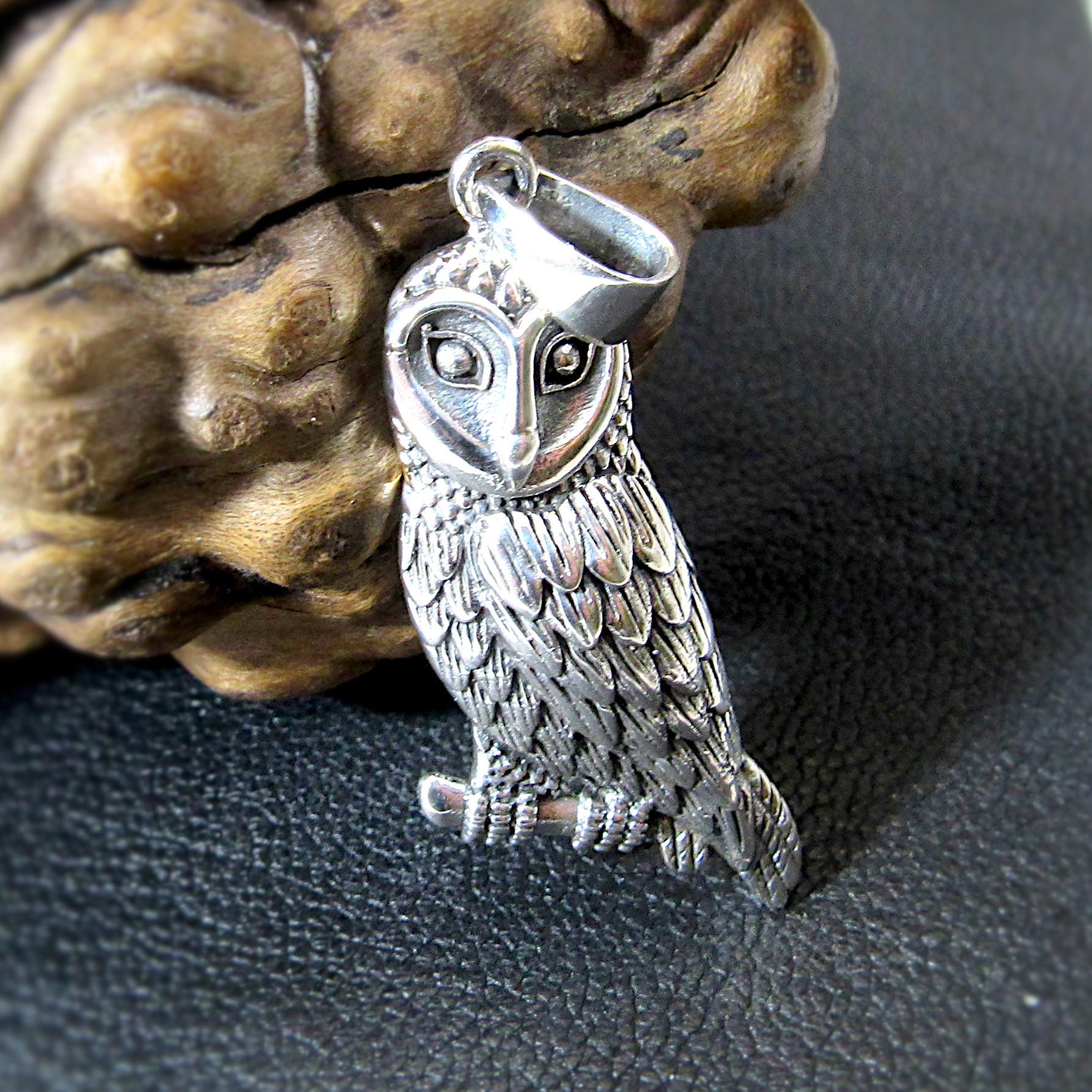 Solid 925 Sterling Silver Owl Pendant - Barn Owl Necklace Amulet - Nocturnal Bird Jewelry - Nature Charm for Her or Him - Symbol of Wisdom