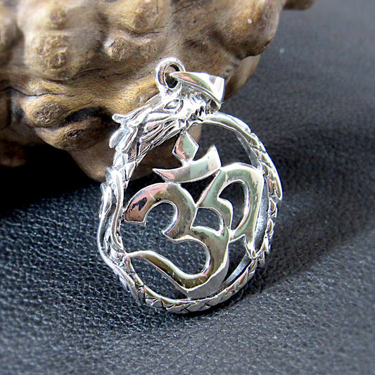Solid 925 Sterling Silver Om Dragon Pendant - Spiritual Yoga Jewelry - Symbolic Hindu Necklace Charm - Ouroboros Style Power Amulet