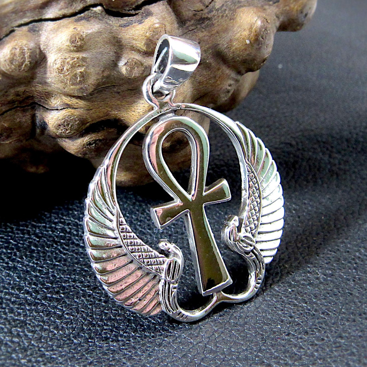 Solid 925 Sterling Silver Ankh Pendant with Isis Wings – Egyptian Necklace Amulet, Symbol of Eternal Life, Divine Power & Goddess Protection