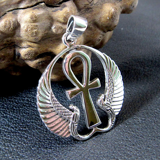 Solid 925 Sterling Silver Ankh Pendant with Isis Wings – Egyptian Necklace Amulet, Symbol of Eternal Life, Divine Power & Goddess Protection