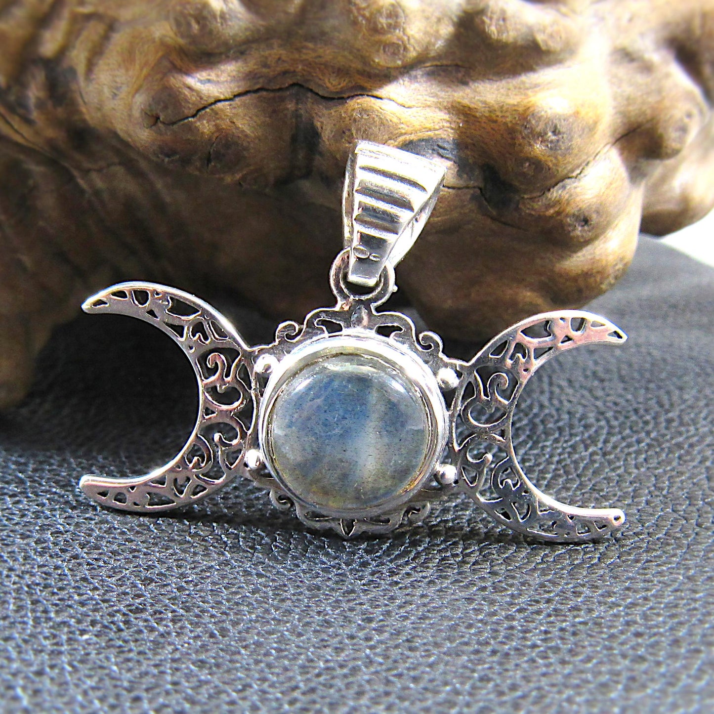 Solid 925 Sterling Silver Triple Moon Goddess Pendant - Handcrafted Wiccan & Pagan Jewelry – Celestial Symbols Amulet - Choice of Gemstone