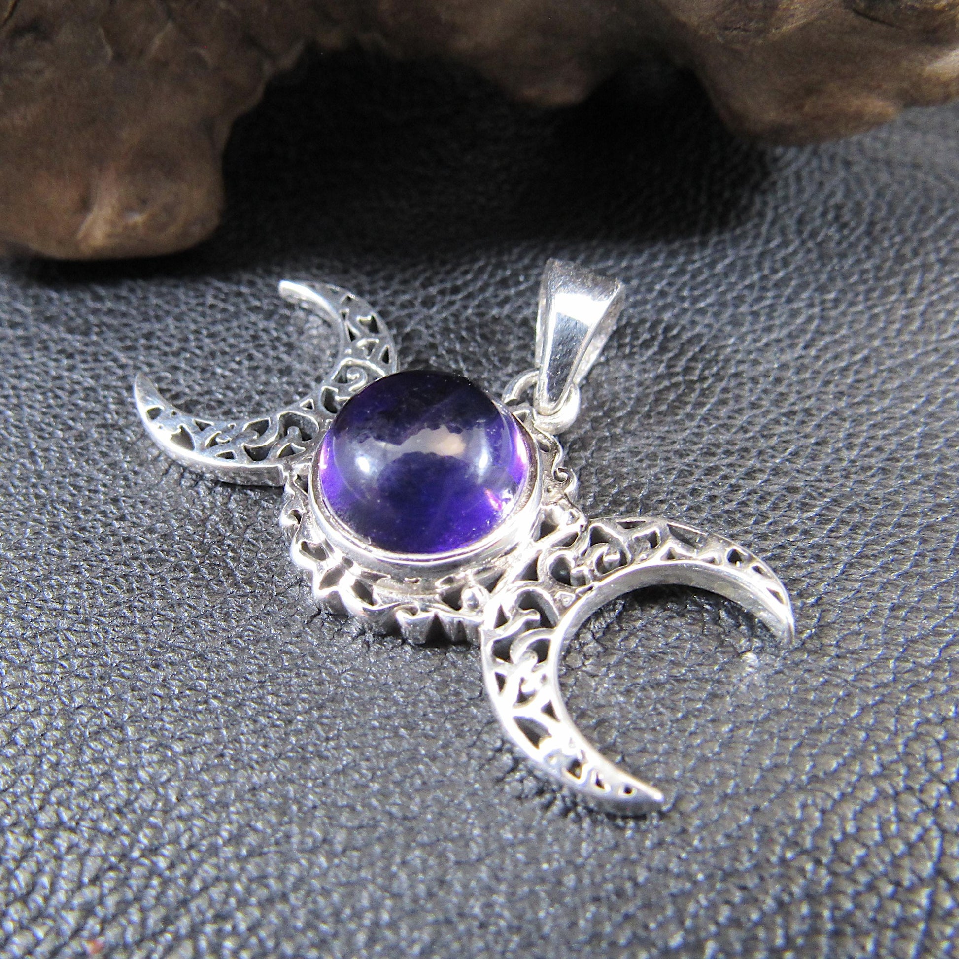 Solid 925 Sterling Silver Triple Moon Goddess Pendant - Handcrafted Wiccan & Pagan Jewelry – Celestial Symbols Amulet - Choice of Gemstone