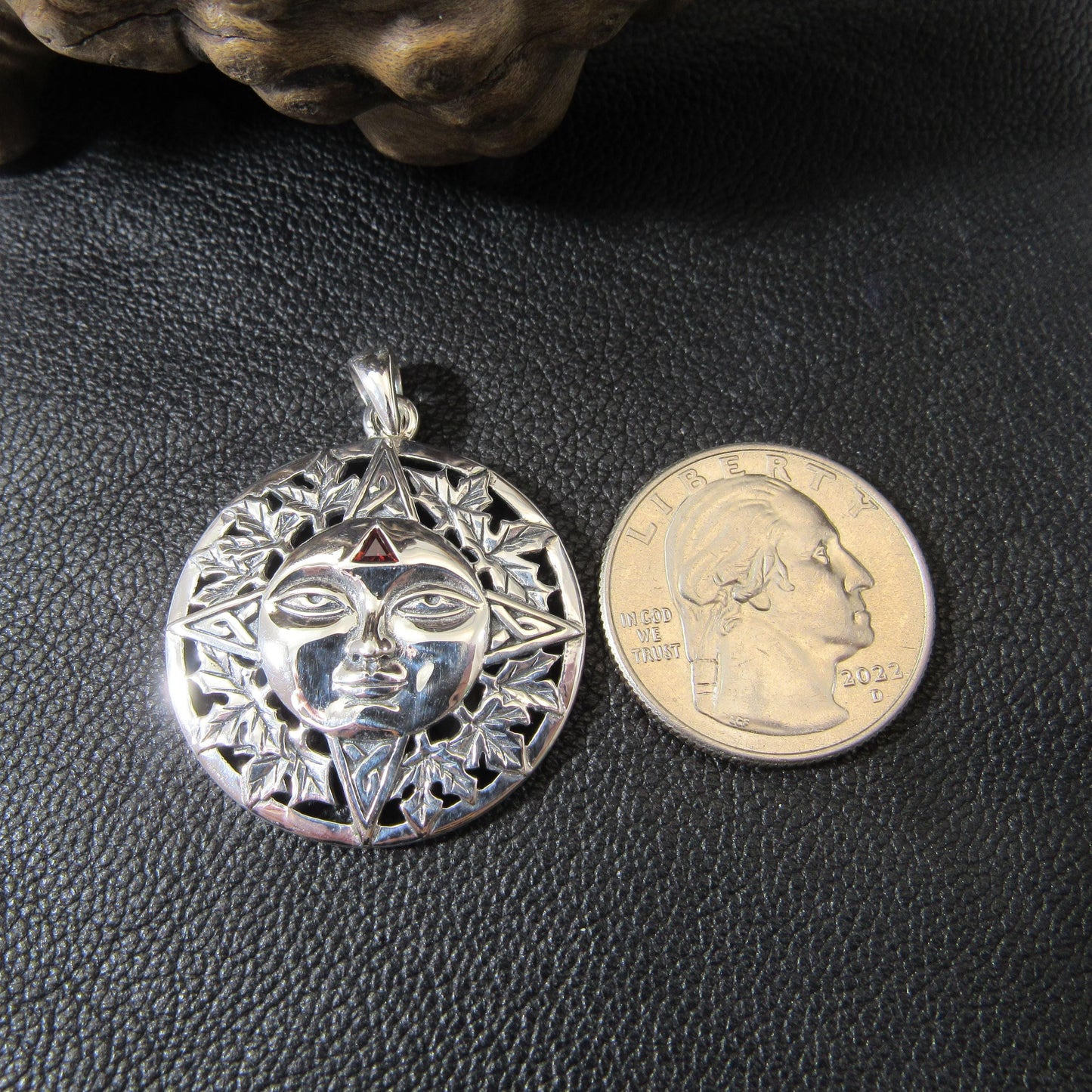 Solid 925 Sterling Silver Sun Face Pendant – Handcrafted Garnet Solar Talisman, Autumn Witchcore Jewelry, Boho Pagan Celestial Amulet