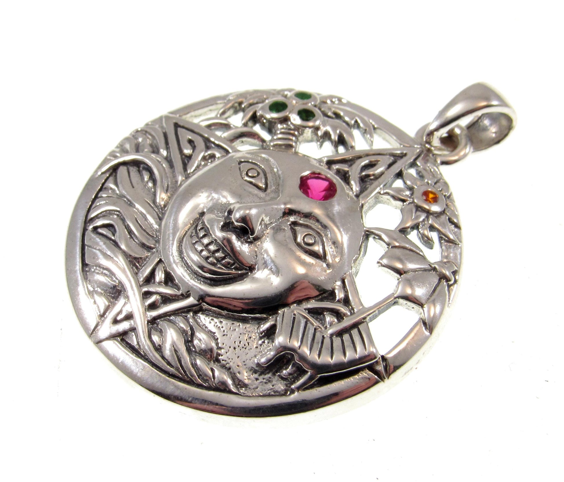 Solid 925 Sterling Silver Sun Face Pendant – Handcrafted Red Ruby Solar Talisman, Summer Witchcore Jewelry, Boho Pagan Celestial Amulet