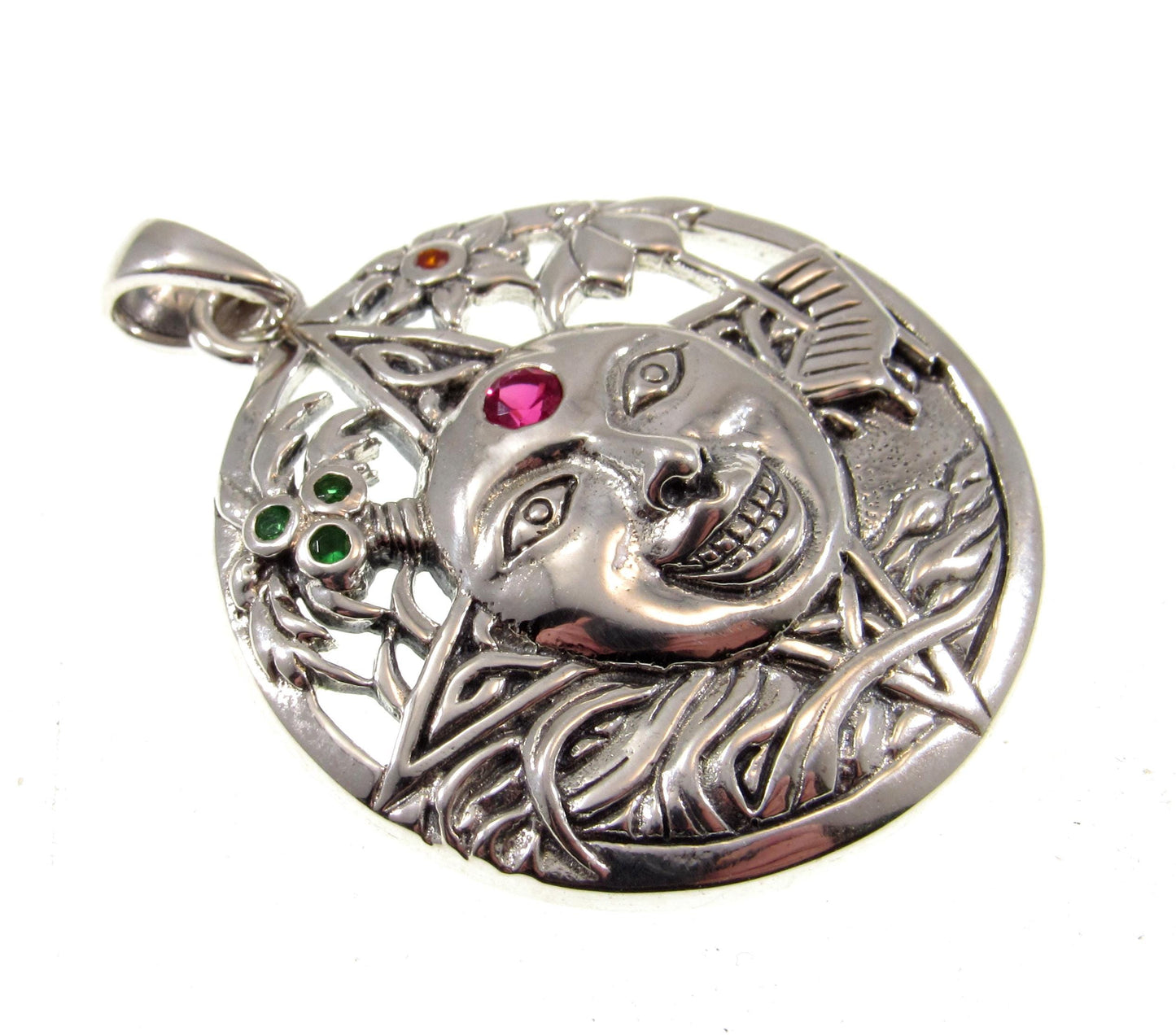 Solid 925 Sterling Silver Sun Face Pendant – Handcrafted Red Ruby Solar Talisman, Summer Witchcore Jewelry, Boho Pagan Celestial Amulet