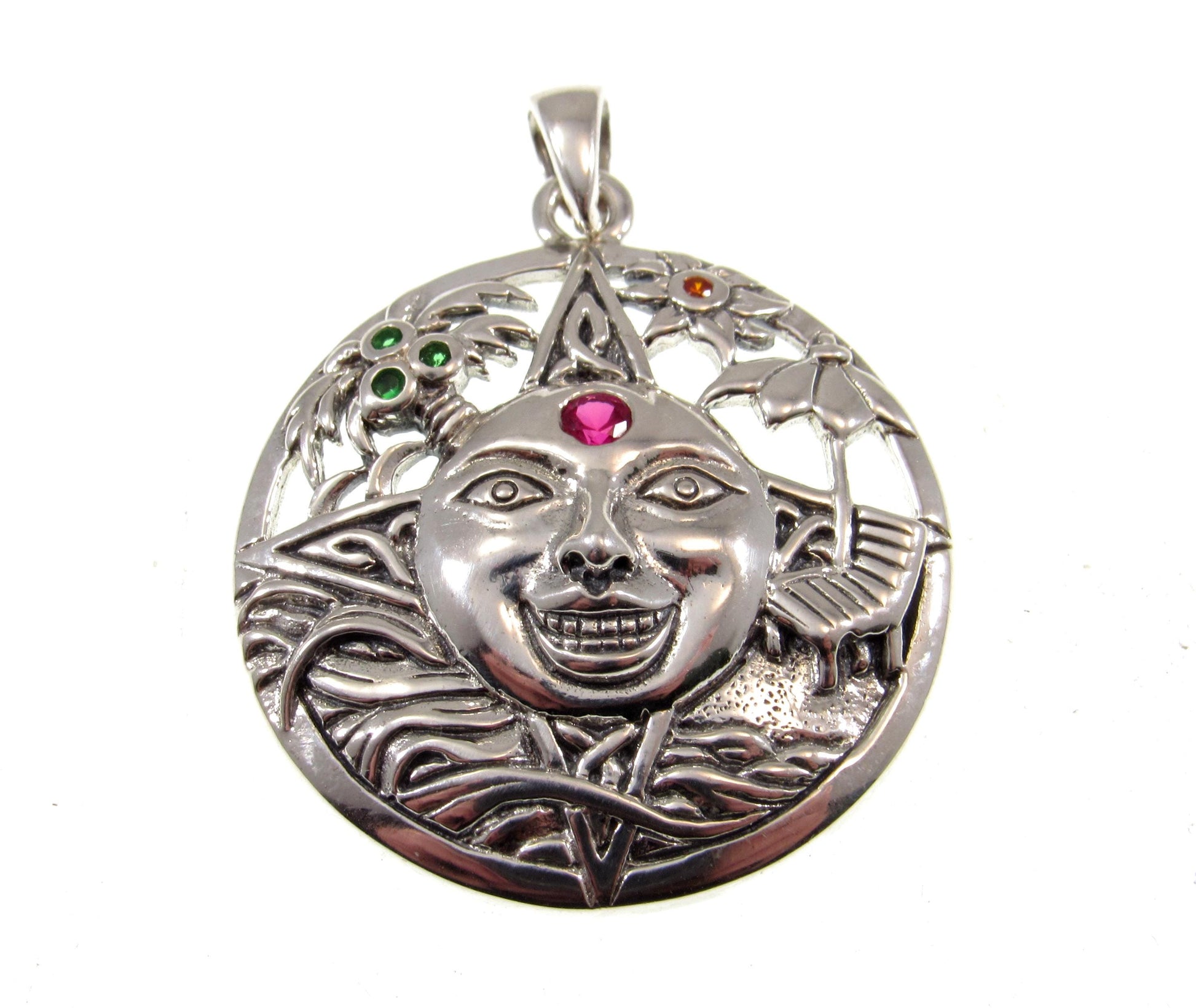 Solid 925 Sterling Silver Sun Face Pendant – Handcrafted Red Ruby Solar Talisman, Summer Witchcore Jewelry, Boho Pagan Celestial Amulet