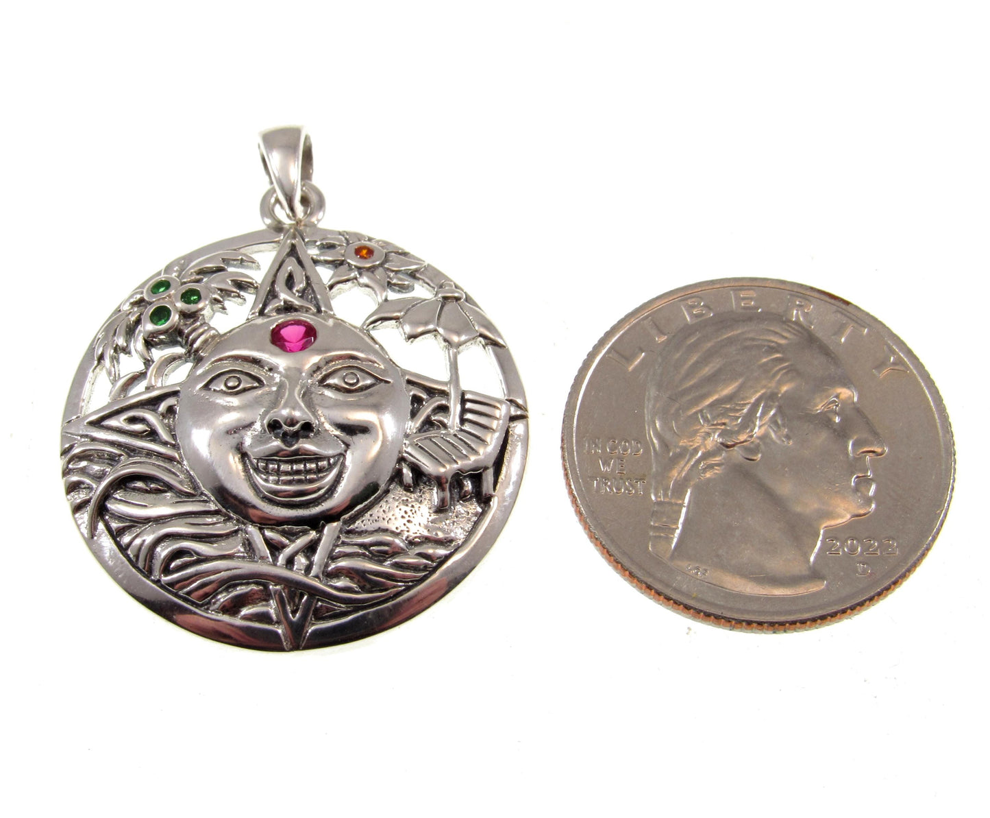 Solid 925 Sterling Silver Sun Face Pendant – Handcrafted Red Ruby Solar Talisman, Summer Witchcore Jewelry, Boho Pagan Celestial Amulet
