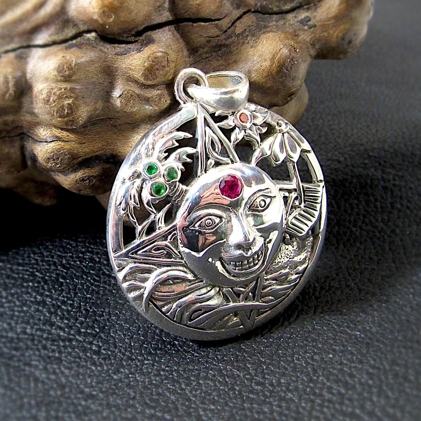 Solid 925 Sterling Silver Sun Face Pendant – Handcrafted Red Ruby Solar Talisman, Summer Witchcore Jewelry, Boho Pagan Celestial Amulet
