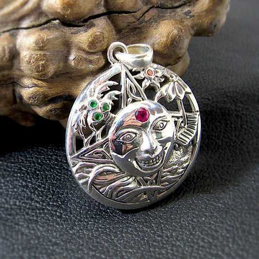 Solid 925 Sterling Silver Sun Face Pendant – Handcrafted Red Ruby Solar Talisman, Summer Witchcore Jewelry, Boho Pagan Celestial Amulet