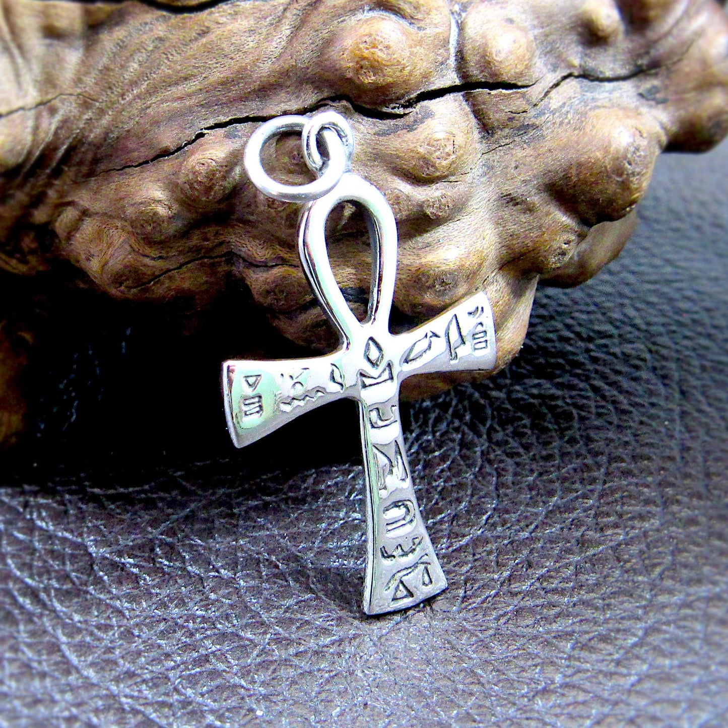 Solid 925 Sterling Silver Egyptian Ankh & Hieroglyphs Pendant, Handcrafted Cross with Symbols, Crux Ansata Jewelry Git Idea for Men or Women