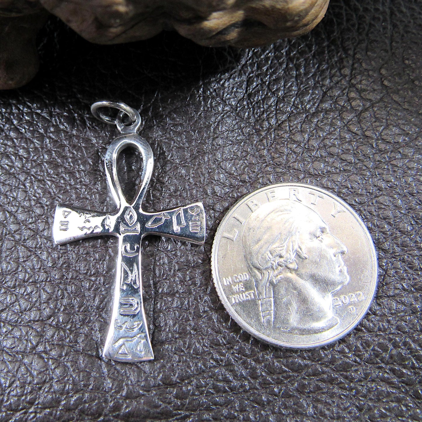 Solid 925 Sterling Silver Egyptian Ankh & Hieroglyphs Pendant, Handcrafted Cross with Symbols, Crux Ansata Jewelry Git Idea for Men or Women