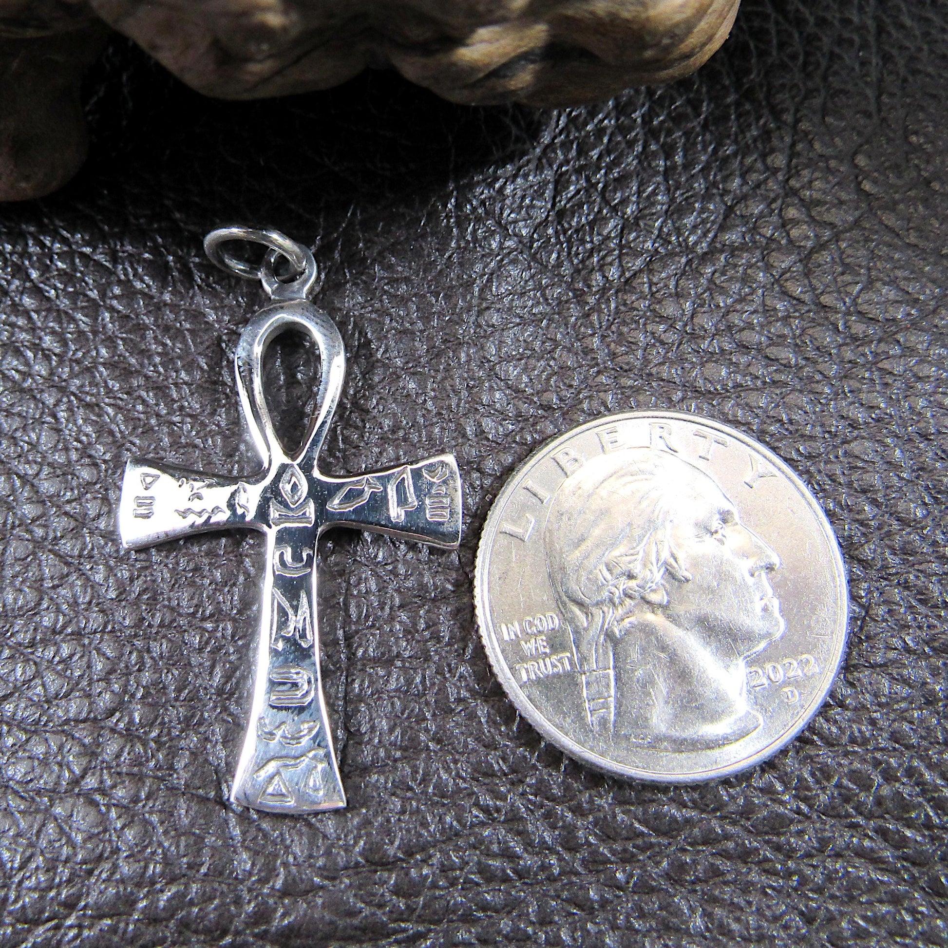 Solid 925 Sterling Silver Egyptian Ankh & Hieroglyphs Pendant, Handcrafted Cross with Symbols, Crux Ansata Jewelry Git Idea for Men or Women