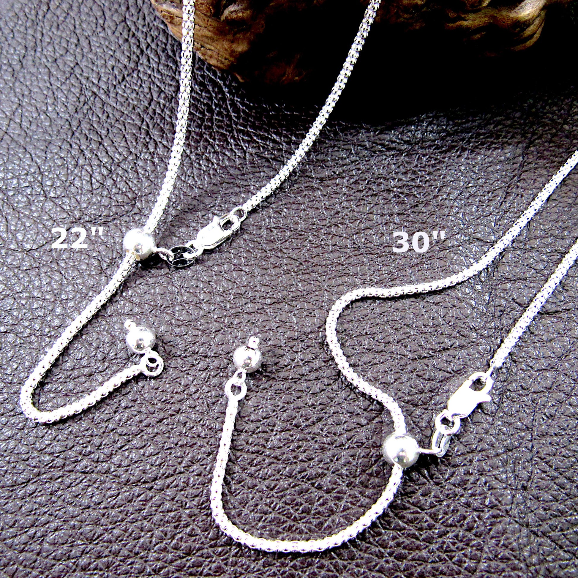 2MM Solid 925 Sterling Silver Adjustable Popcorn Chain, Slider Necklace for Pendants or Layering, Made in Italy, Minimalist 22" or 30" Chain