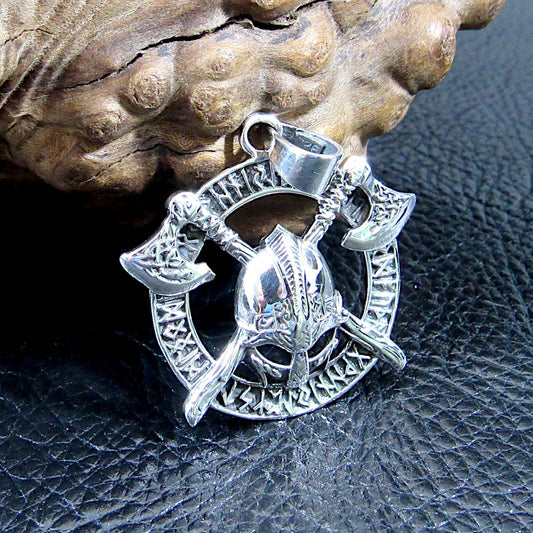 Solid 925 Sterling Silver Viking Warrior Pendant – Norse Helmet and Axe Amulet with Runes – Handcrafted Mythology Jewelry Gift for Men