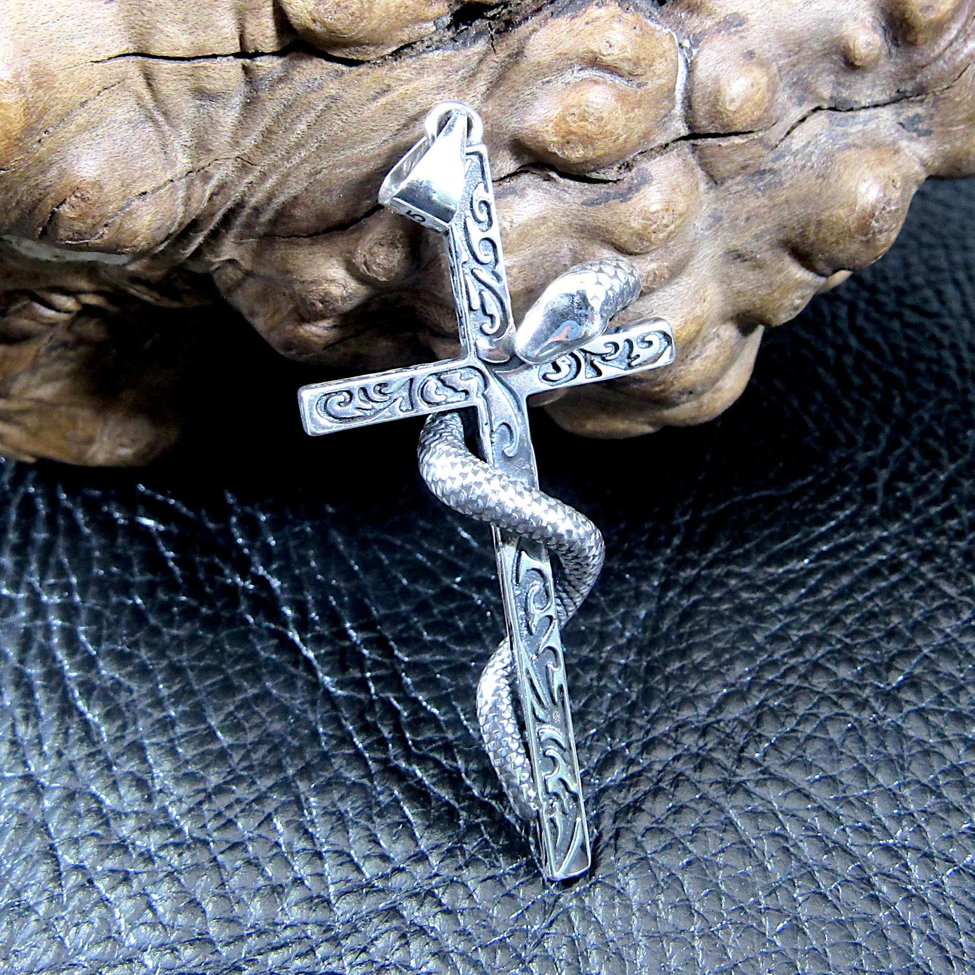 Solid 925 Sterling Silver Slithering Snake on Christian Cross Pendant, Ornate Religious Jewelry for Men and Women, Gothic Cross with Serpent
