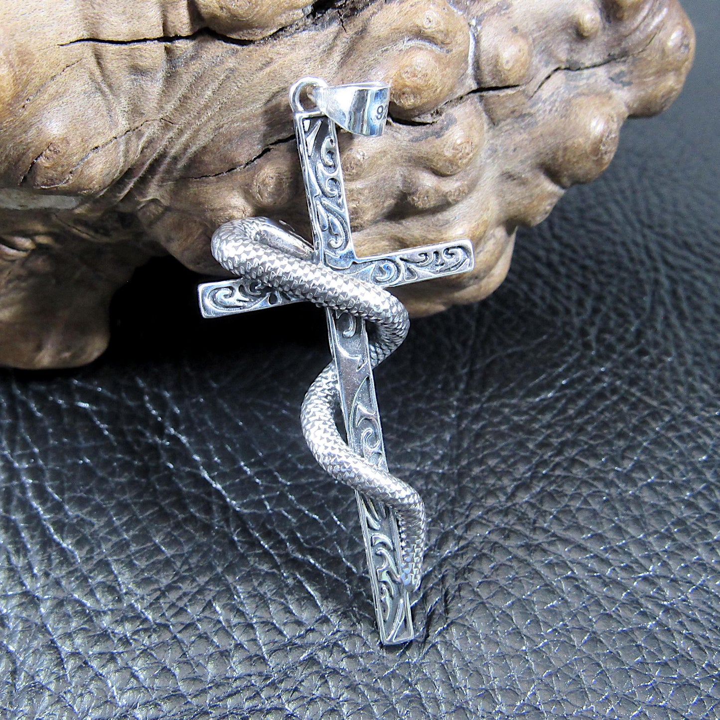 Solid 925 Sterling Silver Slithering Snake on Christian Cross Pendant, Ornate Religious Jewelry for Men and Women, Gothic Cross with Serpent