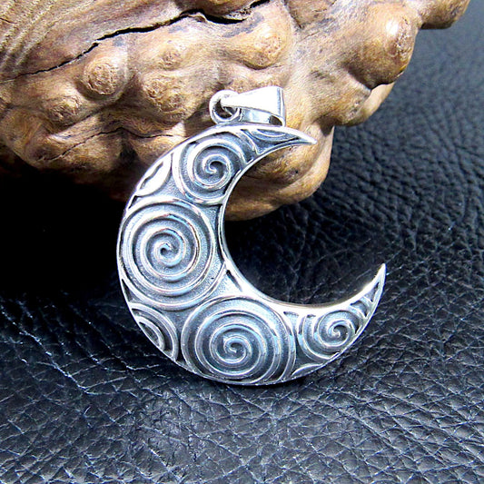 Solid 925 Sterling Silver Crescent Moon & Spirals Pendant, Handcrafted Celestial Jewelry, Astrology Amulet, Cosmic Lunar Goddess Charm