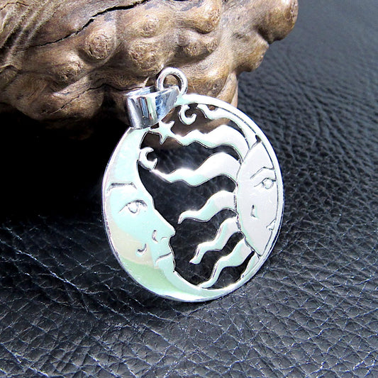 Solid 925 Sterling Silver Crescent Moon And Sun Pendant, Ying Yang Man & Woman Faces, Boho Lunar Amulet, Necklace Charm, Astrology Gift