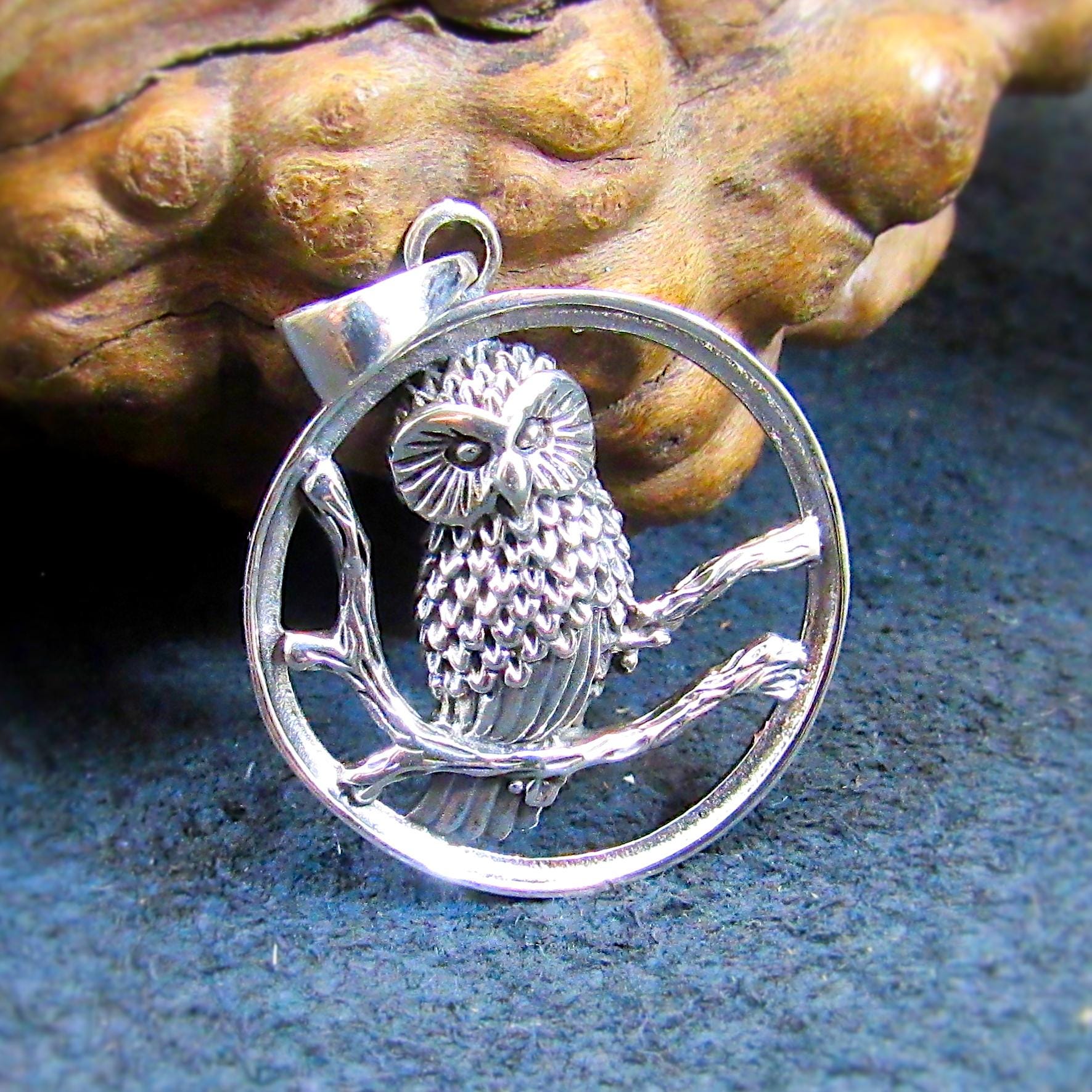 Solid 925 Sterling Silver Owl Perched onBranches Pendant, Handcrafted Wise Owl on Branch, Forest & Nature Jewelry, Totem Animal Amulet