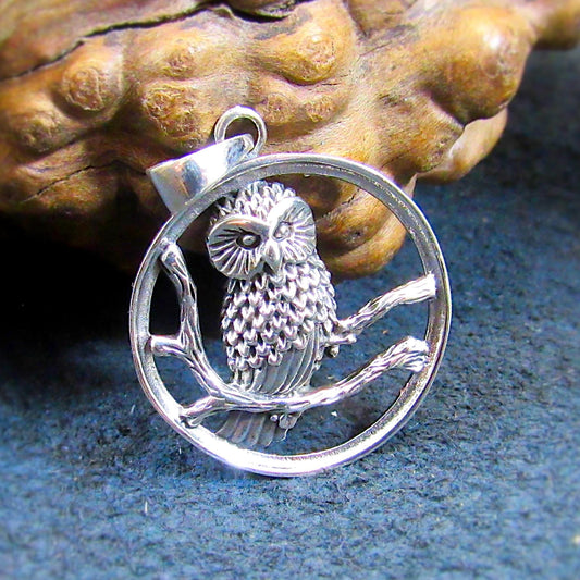Solid 925 Sterling Silver Owl Perched onBranches Pendant, Handcrafted Wise Owl on Branch, Forest & Nature Jewelry, Totem Animal Amulet