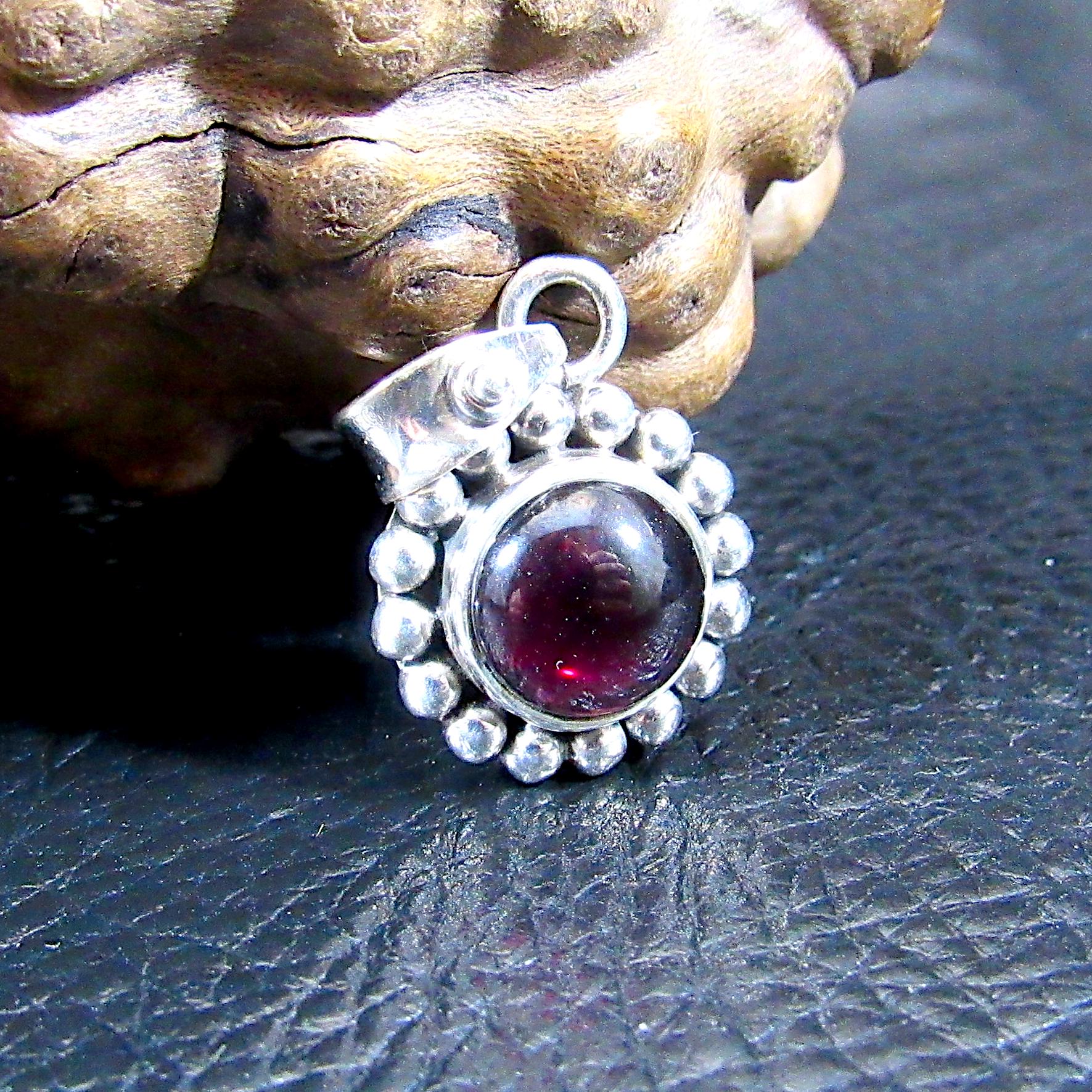 Solid 925 Sterling Silver Deep Red Garnet Pendant, Round Cabochon Gemstone Jewelry, January Birthstone Charm, Gift for Capricorns
