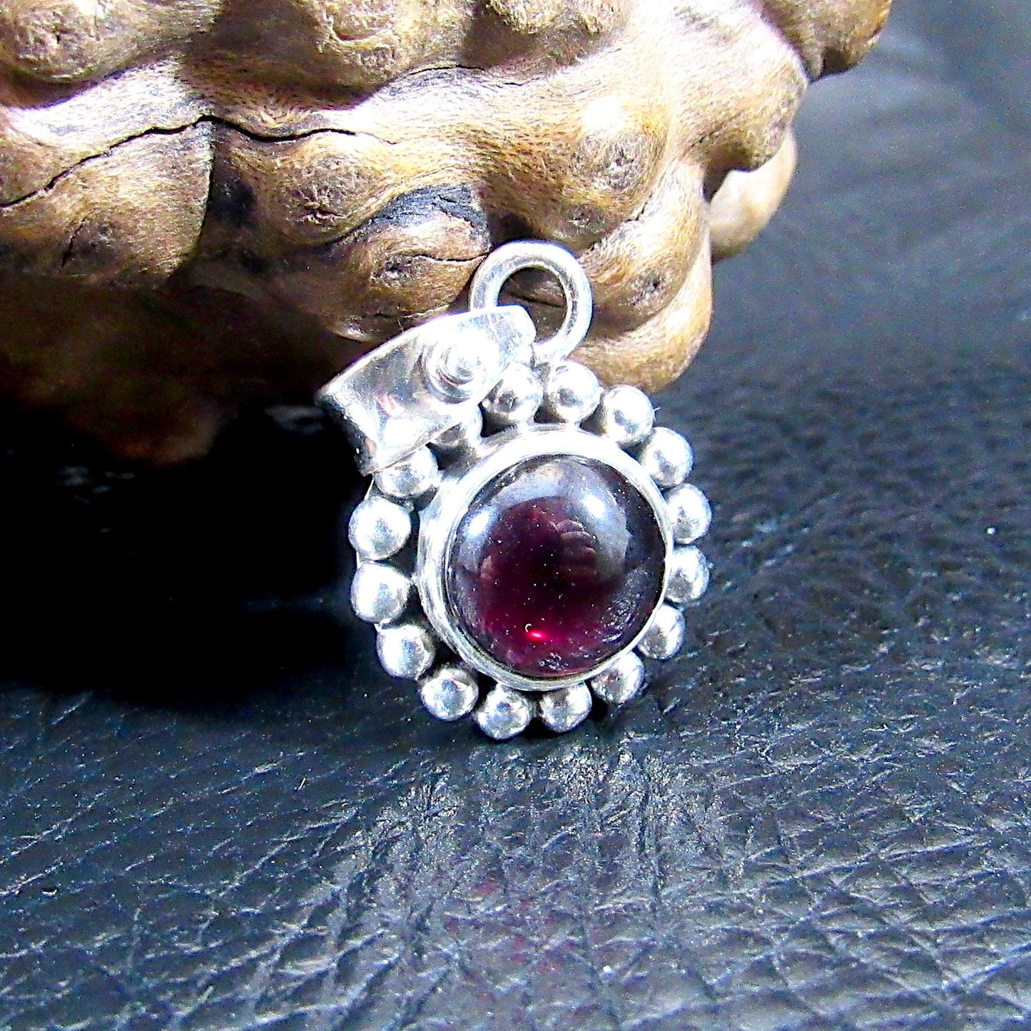 Solid 925 Sterling Silver Deep Red Garnet Pendant, Round Cabochon Gemstone Jewelry, January Birthstone Charm, Gift for Capricorns