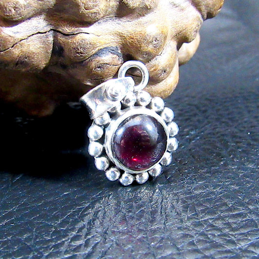 Solid 925 Sterling Silver Deep Red Garnet Pendant, Round Cabochon Gemstone Jewelry, January Birthstone Charm, Gift for Capricorns